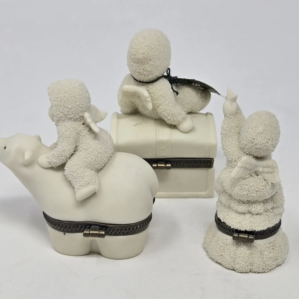VINTAGE DEPARTMENT 56 SNOWBABIES HINGE SMALL TRINKET BOX SET OF 3 COLLECTIBLE